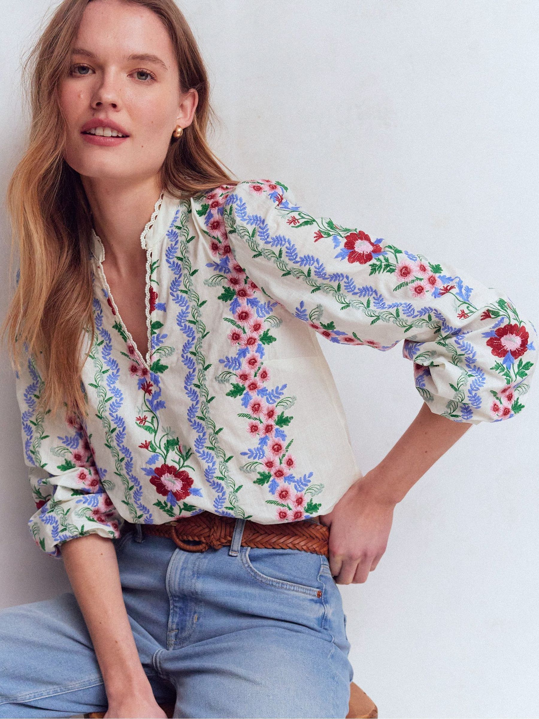 Buy Boden Red Embroidered Cotton Popover Top from Next USA