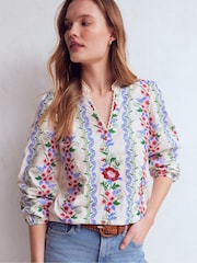 Boden Red Embroidered Cotton Popover Top - Image 6 of 7