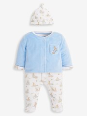 JoJo Maman Bébé Blue 3-Piece Peter Rabbit Sleepsuit, Jacket & Hat Set - Image 1 of 8