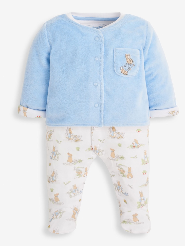 JoJo Maman Bébé Blue 3-Piece Peter Rabbit Sleepsuit, Jacket & Hat Set - Image 2 of 8