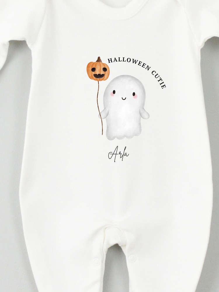 Personalised Baby Ghost Halloween Sleepsuit by Koko Blossom - Image 2 of 2
