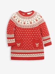 JoJo Maman Bébé Red Knitted Christmas Reindeer Fairisle Pattern Dress - Image 1 of 3