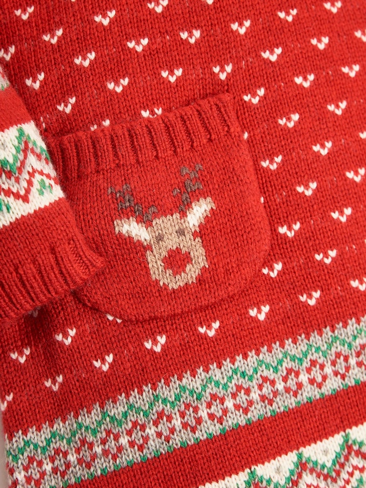 JoJo Maman Bébé Red Knitted Christmas Reindeer Fairisle Pattern Dress - Image 2 of 3