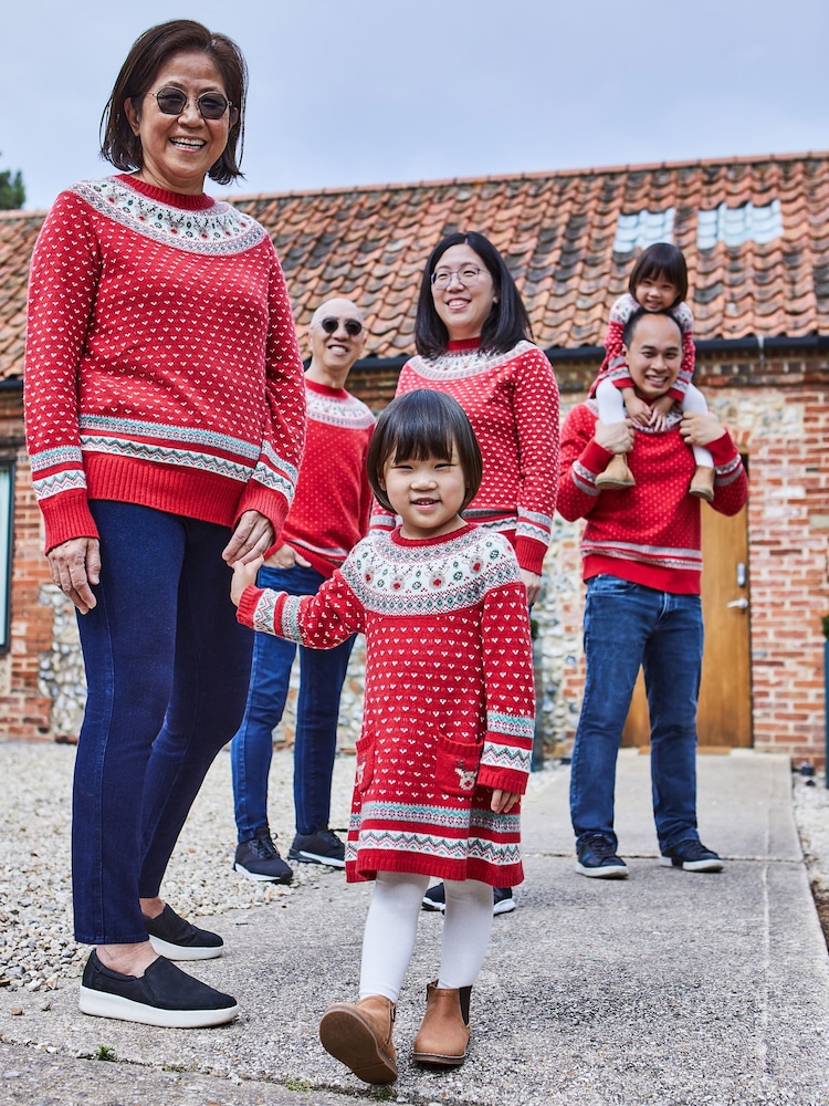 JoJo Maman Bébé Red Knitted Christmas Reindeer Fairisle Pattern Dress - Image 3 of 3