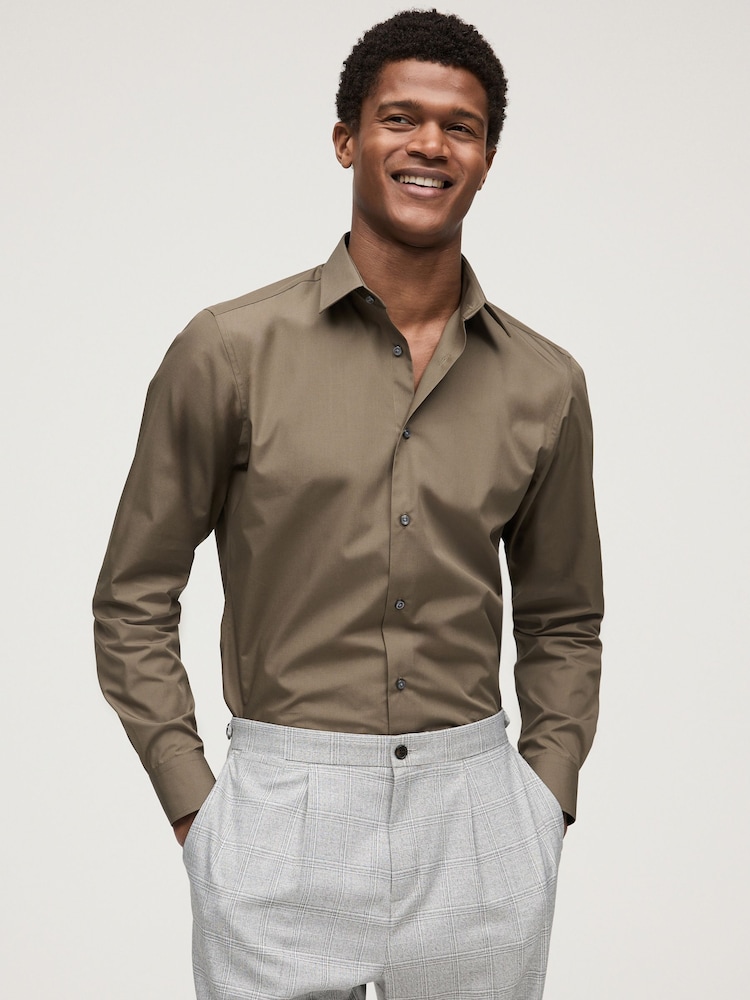 Olive Green Slim Fit Easy Care Single Cuff Shirt - Image 1 of 6