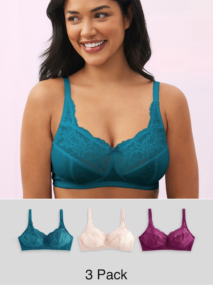 Plum Purple/Teal Blue/Light Pink Total Support Full Cup Lace Ultimate Comfort Bras B-H 3 Pack - Image 1 of 14