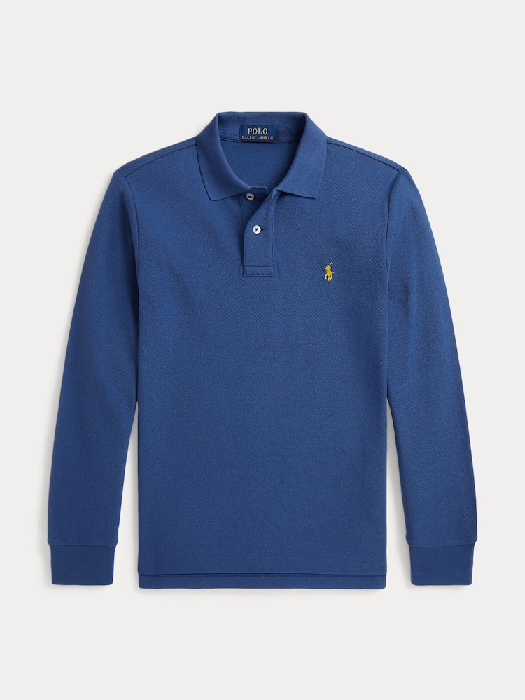 Polo Ralph Lauren Blue Long Sleeve Pique Logo Polo Shirt - Image 1 of 2 Polo Ralph Lauren Blue Long Sleeve Pique Logo Polo Shirt - Image 1 of 2