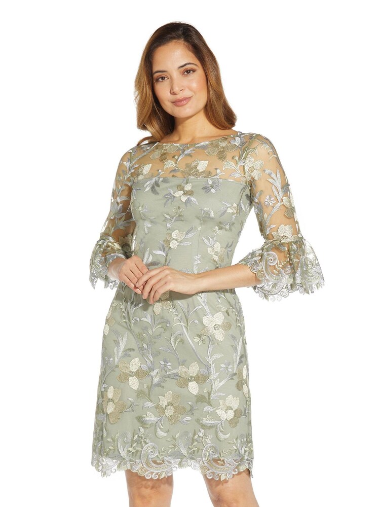 Adrianna Papell Green Embroidered Bell Sleeve Dress - Image 1 of 6