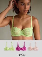 Pink/Blush/Lime Non Pad Balcony Lace Bras 3 Pack A-E - Image 1 of 12