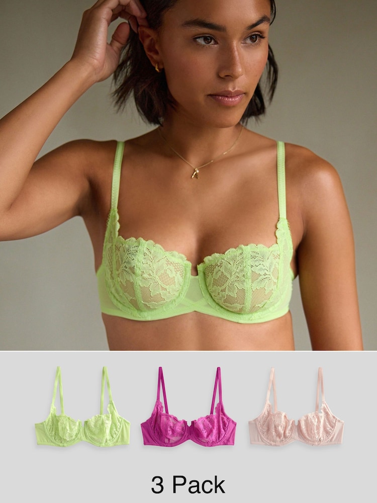 Pink/Blush/Lime Non Pad Balcony Lace Bras 3 Pack A-E - Image 1 of 12