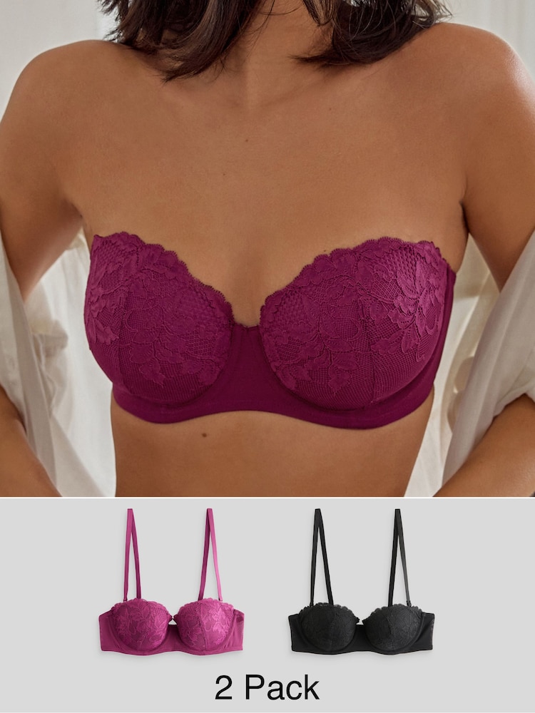 Plum Purple/Black Lace Light Pad Strapless Multiway Bras 2 Pack A-E - Image 1 of 14