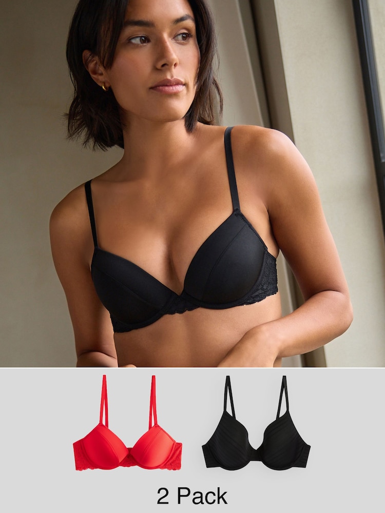 Red/Black Push Up Pad Plunge Smoothing T-Shirt Bras 2 Pack A-E - Image 1 of 12