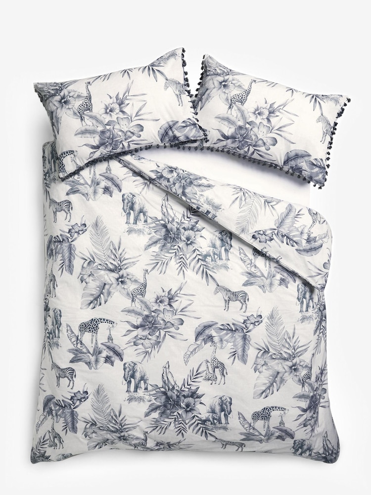 Navy Blue Floral Palm Leaf Safari Animal Duvet Cover and Pillowcase Set - Image 1 of 4