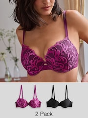 Plum Purple/Black Pad Balcony Embroidered Bras 2 Pack A-E - Image 1 of 14