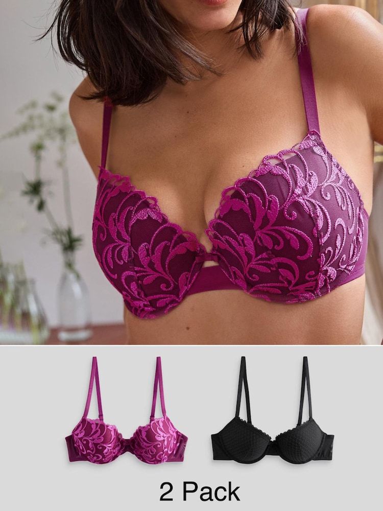 Plum Purple/Black Pad Balcony Embroidered Bras 2 Pack A-E - Image 1 of 14