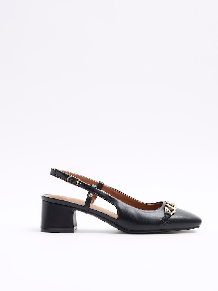 River Island Black Chain Block Heeled Slingback Shoes - Image 1 of 4 River Island Black Chain Block Heeled Slingback Shoes - Image 1 of 4