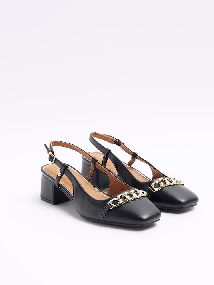 River Island Black Chain Block Heeled Slingback Shoes - Image 2 of 4 River Island Black Chain Block Heeled Slingback Shoes - Image 2 of 4