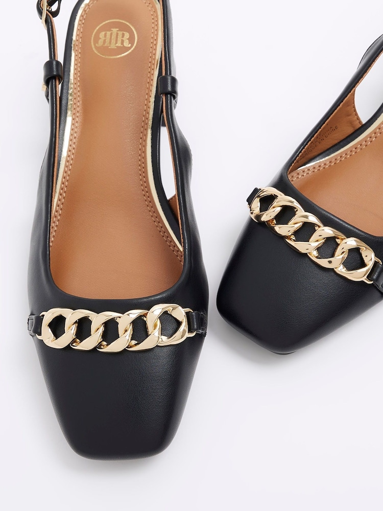 River Island Black Chain Block Heeled Slingback Shoes - Image 4 of 4 River Island Black Chain Block Heeled Slingback Shoes - Image 4 of 4