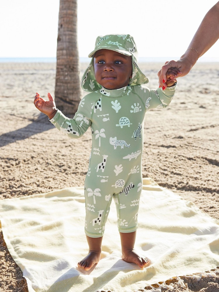 Sage Green Popper fastening Sunsafe Swimsuit & Hat 2 Piece Set (3mths-7yrs) - Image 1 of 10 Sage Green Popper fastening Sunsafe Swimsuit & Hat 2 Piece Set (3mths-7yrs) - Image 1 of 10