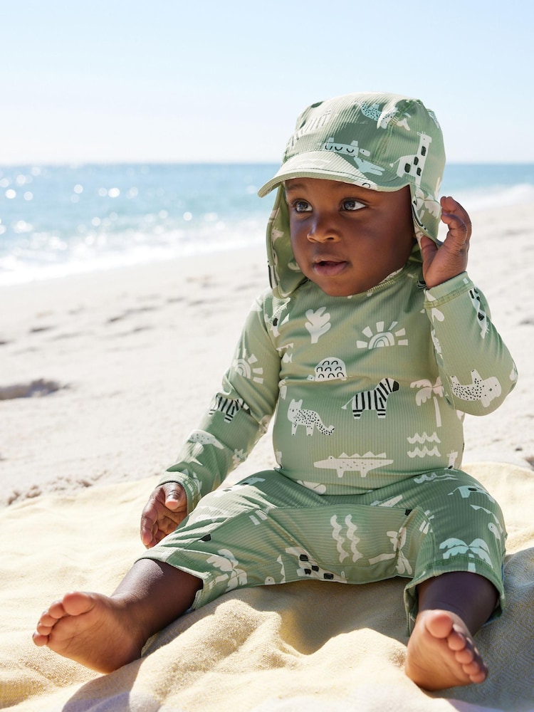 Sage Green Popper fastening Sunsafe Swimsuit & Hat 2 Piece Set (3mths-7yrs) - Image 2 of 10 Sage Green Popper fastening Sunsafe Swimsuit & Hat 2 Piece Set (3mths-7yrs) - Image 2 of 10