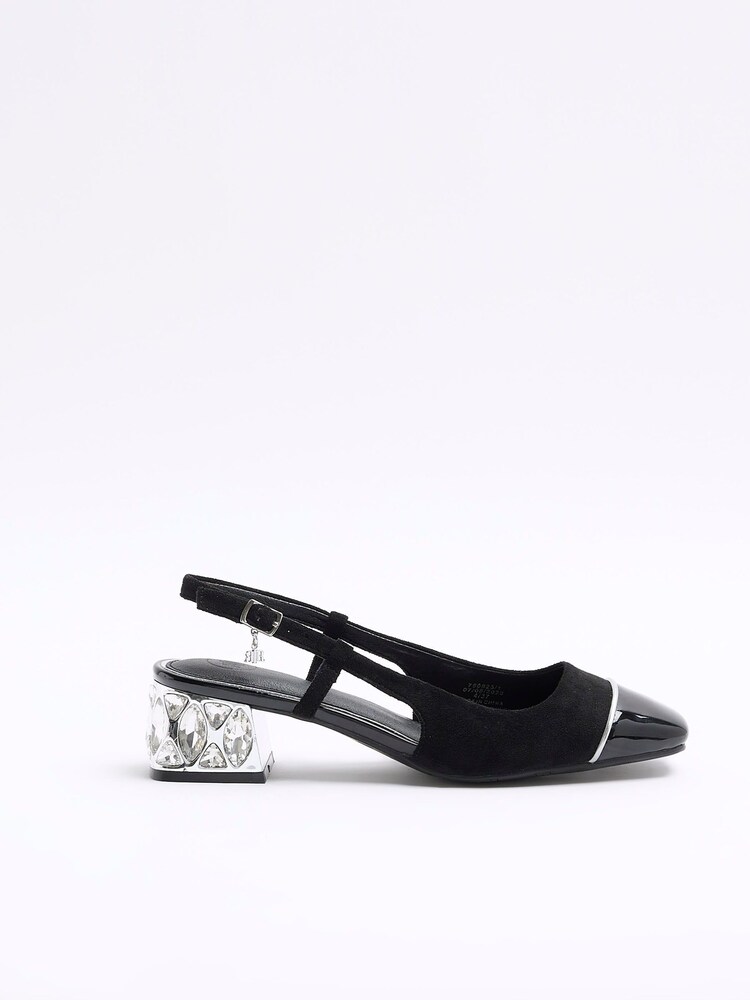 River Island Black Crystal Block Heeled Slingback Shoes - Image 1 of 5