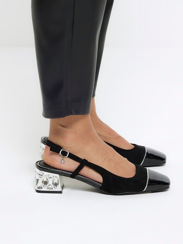 River Island Black Crystal Block Heeled Slingback Shoes - Image 2 of 5