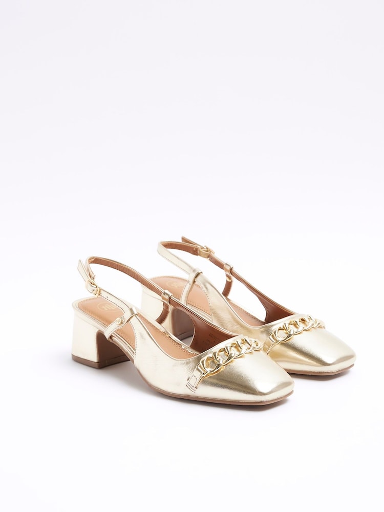 River Island Gold Chain Block Heeled Slingback Shoes - Image 2 of 4