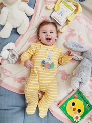 JoJo Maman Bébé Yellow Stripe My First Easter Zip Baby Sleepsuit - Image 3 of 4