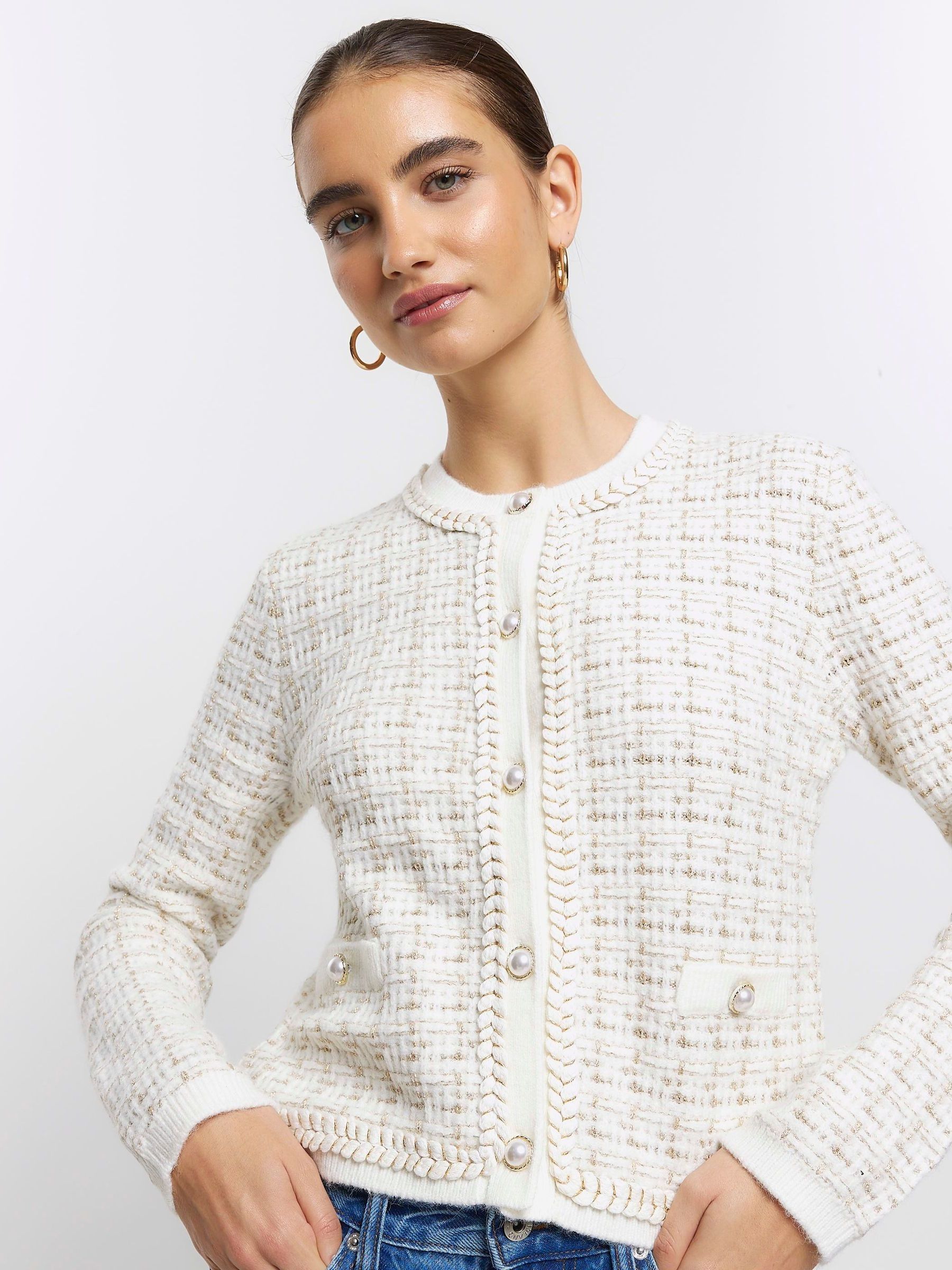 Buy River Island Cream Boucle Cropped Knit Cardigan from Next Luxembourg