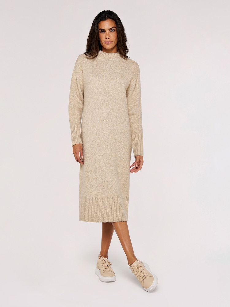 Apricot Cream Chunky Knit High Neck Midi Dress - Image 1 of 4