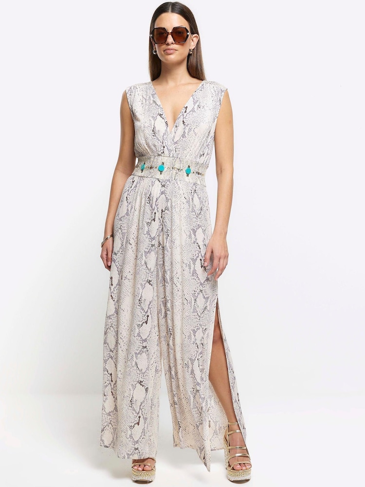 River Island Grey Snake Embellished Plunge Jumpsuit - Image 1 of 4 River Island Grey Snake Embellished Plunge Jumpsuit - Image 1 of 4