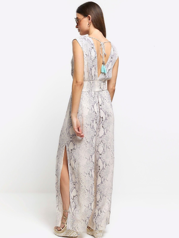 River Island Grey Snake Embellished Plunge Jumpsuit - Image 2 of 4 River Island Grey Snake Embellished Plunge Jumpsuit - Image 2 of 4