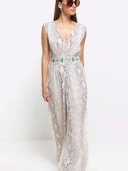 River Island Grey Snake Embellished Plunge Jumpsuit - Image 3 of 4