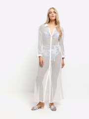 River Island White 100% Cotton Sequin Maxi Shirt Cover-Up Dress - Image 1 of 4