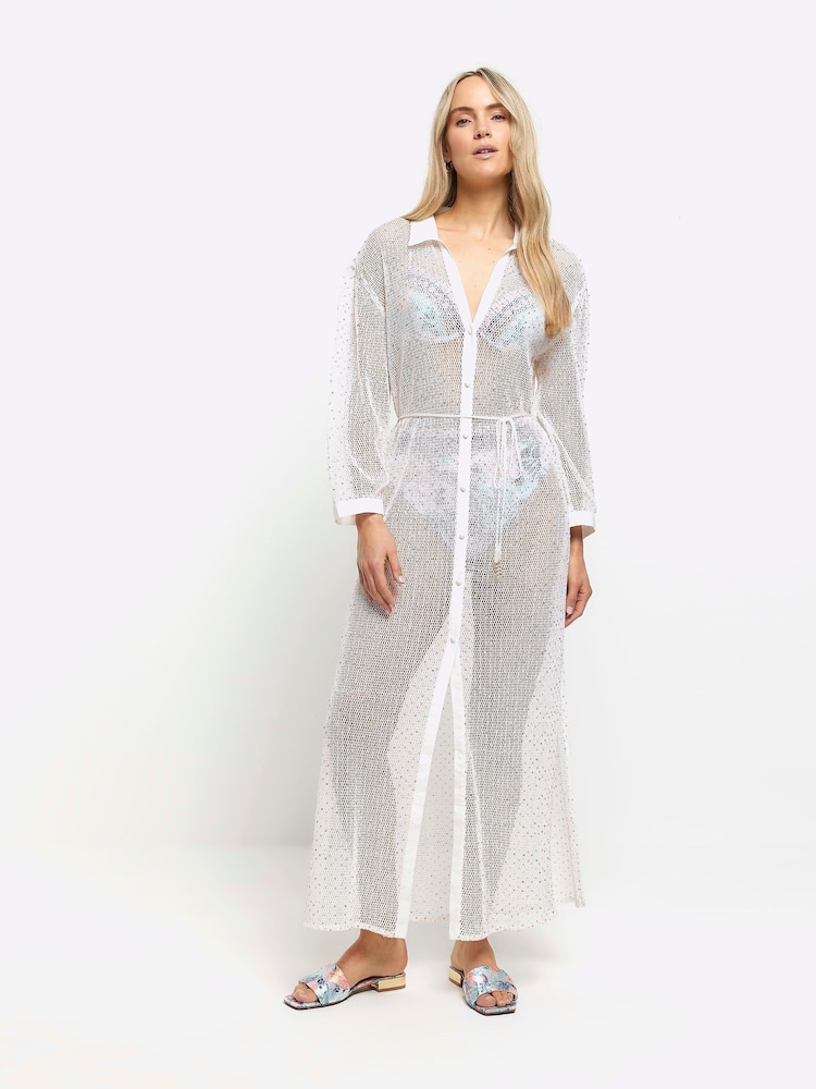 River Island White 100% Cotton Sequin Maxi Shirt Cover-Up Dress - Image 1 of 4
