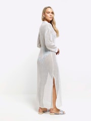 River Island White 100% Cotton Sequin Maxi Shirt Cover-Up Dress - Image 2 of 4