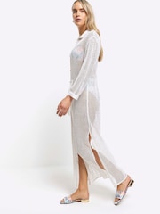 River Island White 100% Cotton Sequin Maxi Shirt Cover-Up Dress - Image 3 of 4