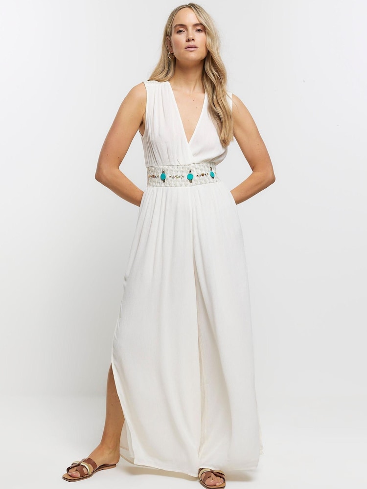 River Island Cream Plunge Embellished Jumpsuit - Image 1 of 4