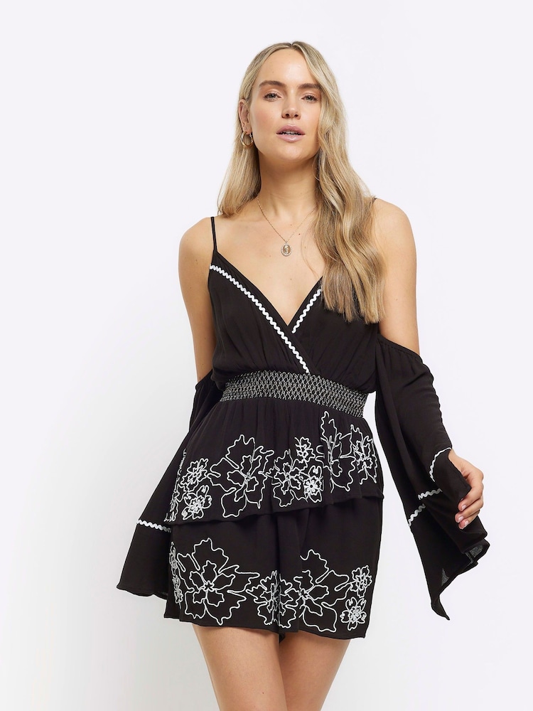 River Island Black Angel Sleeve Embellished Playsuit - Image 1 of 4 River Island Black Angel Sleeve Embellished Playsuit - Image 1 of 4