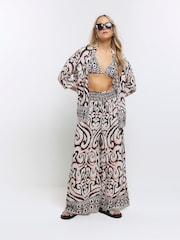 River Island Cream Ikat Palazzo Beach Trousers - Image 1 of 4