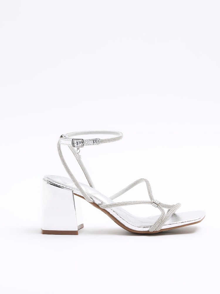 River Island Silver Clipped Tubular Heeled Sandals - Image 1 of 4