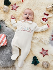 JoJo Maman Bébé Ecru Cream Navy Blue Stripe My First Christmas Appliqué Baby All-In-One - Image 1 of 6