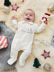JoJo Maman Bébé Ecru Cream Navy Blue Stripe My First Christmas Appliqué Baby All-In-One - Image 2 of 6