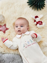 JoJo Maman Bébé Ecru Cream Navy Blue Stripe My First Christmas Appliqué Baby All-In-One - Image 3 of 6