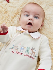 JoJo Maman Bébé Ecru Cream Navy Blue Stripe My First Christmas Appliqué Baby All-In-One - Image 4 of 6