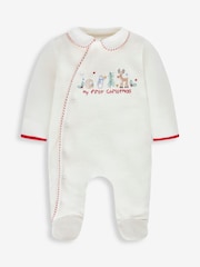JoJo Maman Bébé Ecru Cream Navy Blue Stripe My First Christmas Appliqué Baby All-In-One - Image 5 of 6