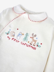 JoJo Maman Bébé Ecru Cream Navy Blue Stripe My First Christmas Appliqué Baby All-In-One - Image 6 of 6