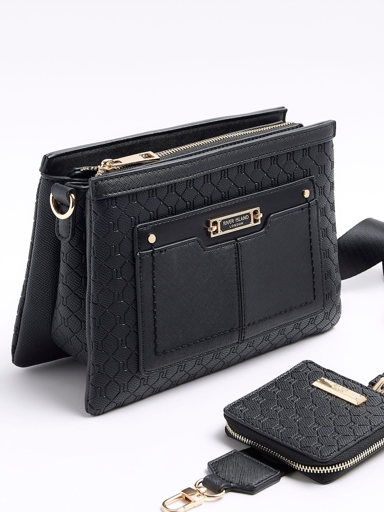 River Island Black Monogram Tri Comp Crossbody Bag - Image 1 of 4