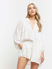 River Island Cream Metallic Stripe Beach Shirt - Image 1 of 4