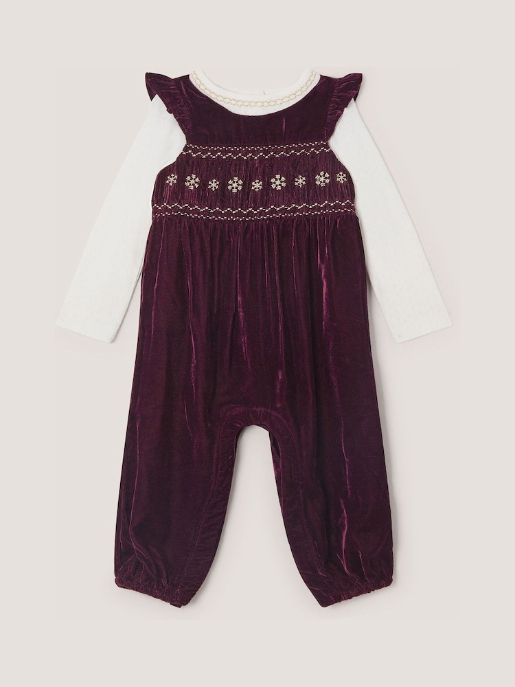 Monsoon Baby Top & Smocked Velvet Dungarees Set - صورة 1 من 3 Monsoon Baby Top & Smocked Velvet Dungarees Set - صورة 1 من 3